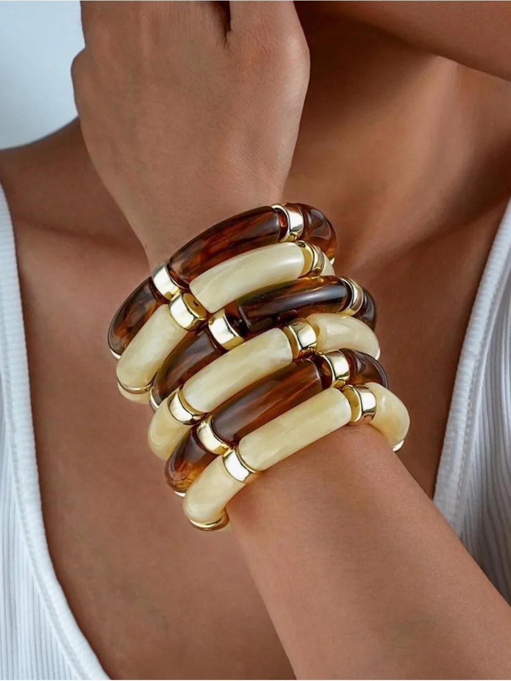 6pc Chunky Marbled Resin Bangle Set-Tortoise & Cream Gold-Tone Bracelet Stack